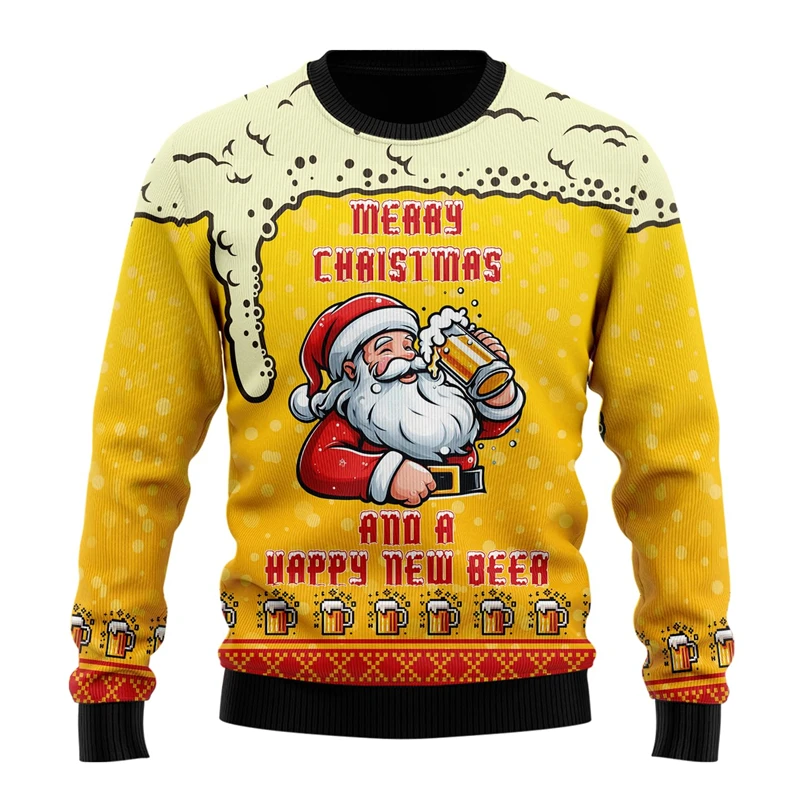 Family Parent-Child Ugly Christmas Sweater with Funny Santa Claus Drinking Beer Print