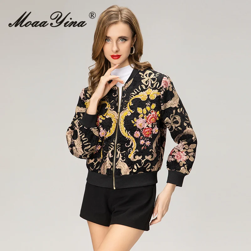 

MoaaYina 2025 Autumn And Winter Women's Fashion Stand up Collar Long Sleeve Nail Bead Zipper Printed Coat