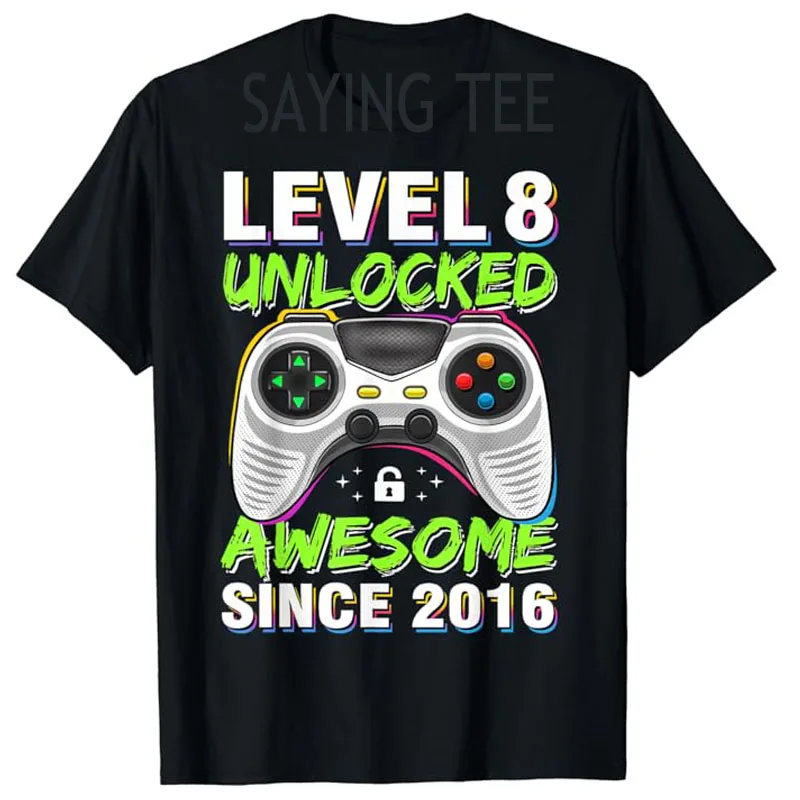 Level 8 Unlocked Awesome Since 2016 8th Birthday Gaming Boys T-Shirt Fashion Video Gamer Graphic Tee Short Sleeve Blouses Gifts