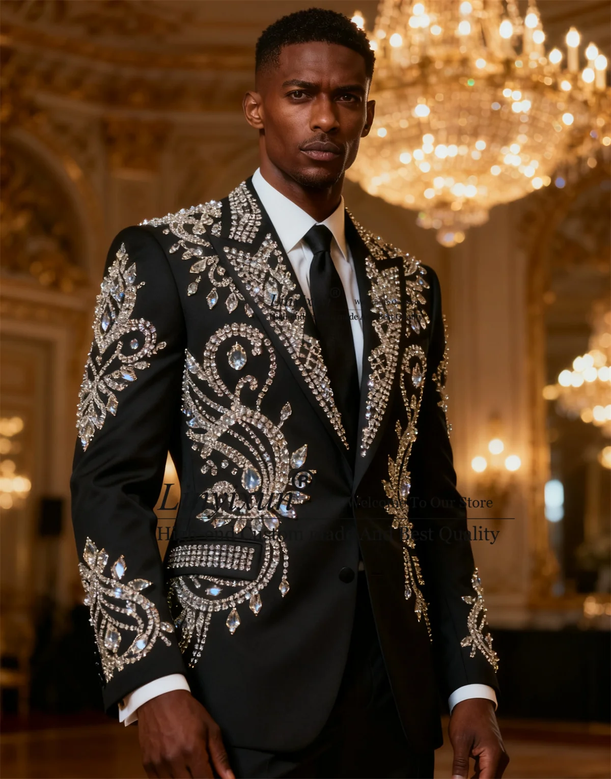 

Смокинг ручной работы с вышивкой кристаллами, мужские костюмы, индивидуальный мужской пиджак для выпускного вечера, комплекты из 2 предметов, свадебные облегающие брюки для жениха, hombre