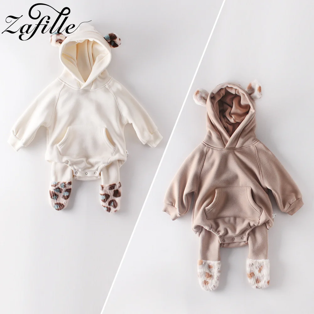 

ZAFILLE Plush Thicken Bodysuit Pants For Newborns Boys Clothing Winter Baby's Rompers Solid Hooded Infant Sleepwear Girl Outfits