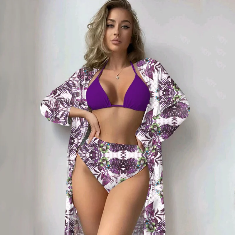 New Bikini Three-Piece Set Swimsuit High-Waisted Printed Long-Sleeve Cover-Up Bikini
