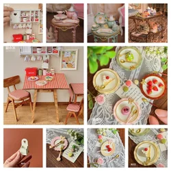 Doll House DIY 1：6 Vintage Folding Square Table 1：12 Dining Chair Mini Kitchen Rabbit Bow Dinner Plate Tea Set Miniature Model