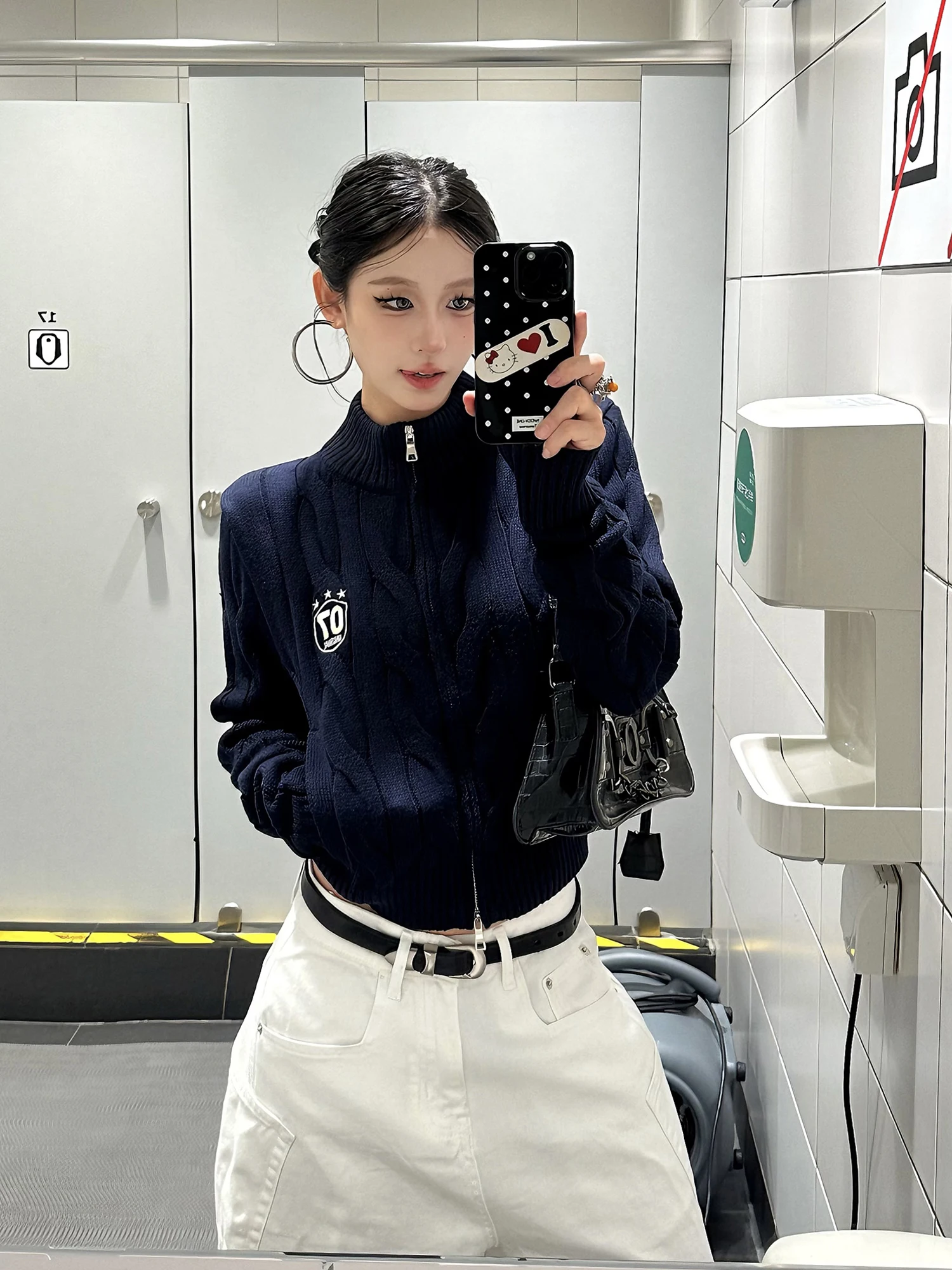 

Slim Fit ort Sve Long Knitted Sweater Women's Street Sle f High Collar Open Cardigan Warmth Emitting Pure Color