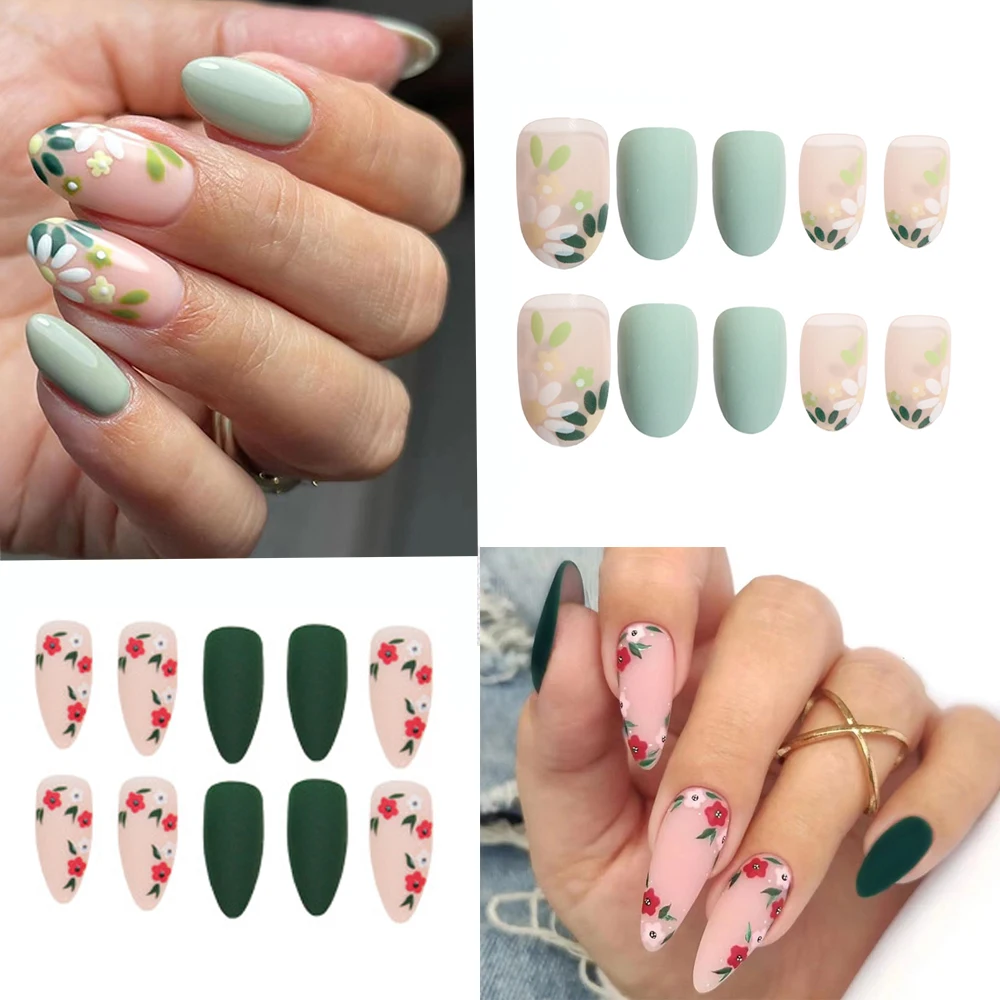 Uñas acrílicas postizas artificiales estilo Primavera, puntas de uñas francesas, cubierta completa, hoja de flores, 24 unids/lote por caja