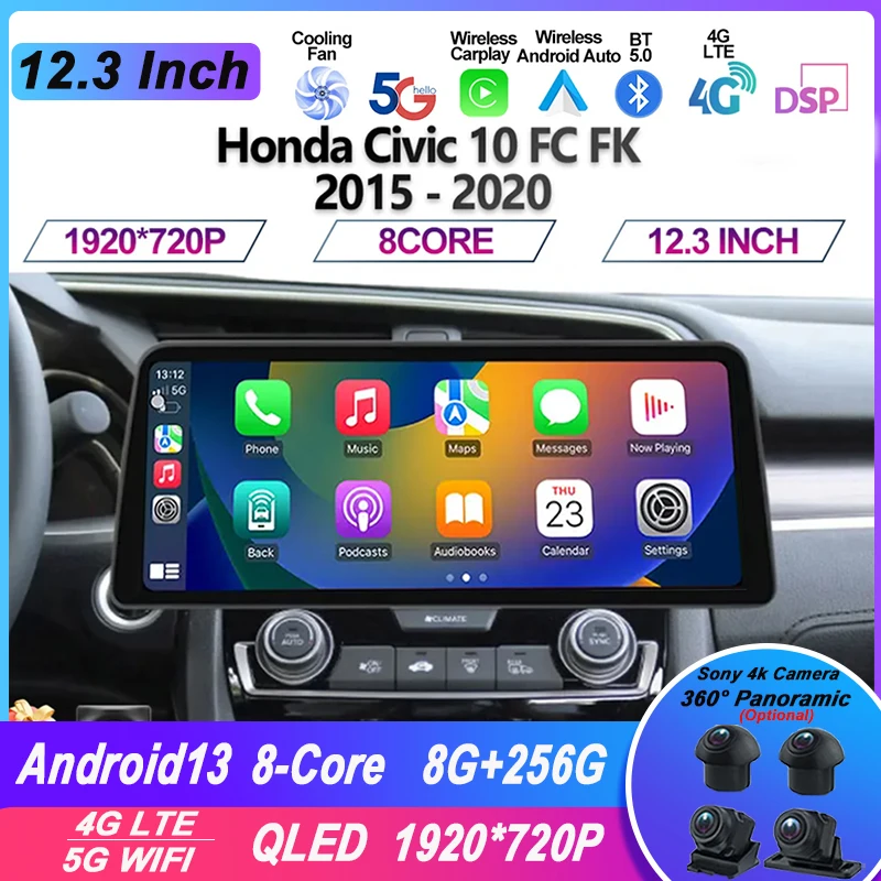 

12.3 Inch Screen Android 13 For Honda Civic 10 FC FK 2015 - 2020 Car Radio Multimedia Video Player GPS Autoradio Carplay Stereo