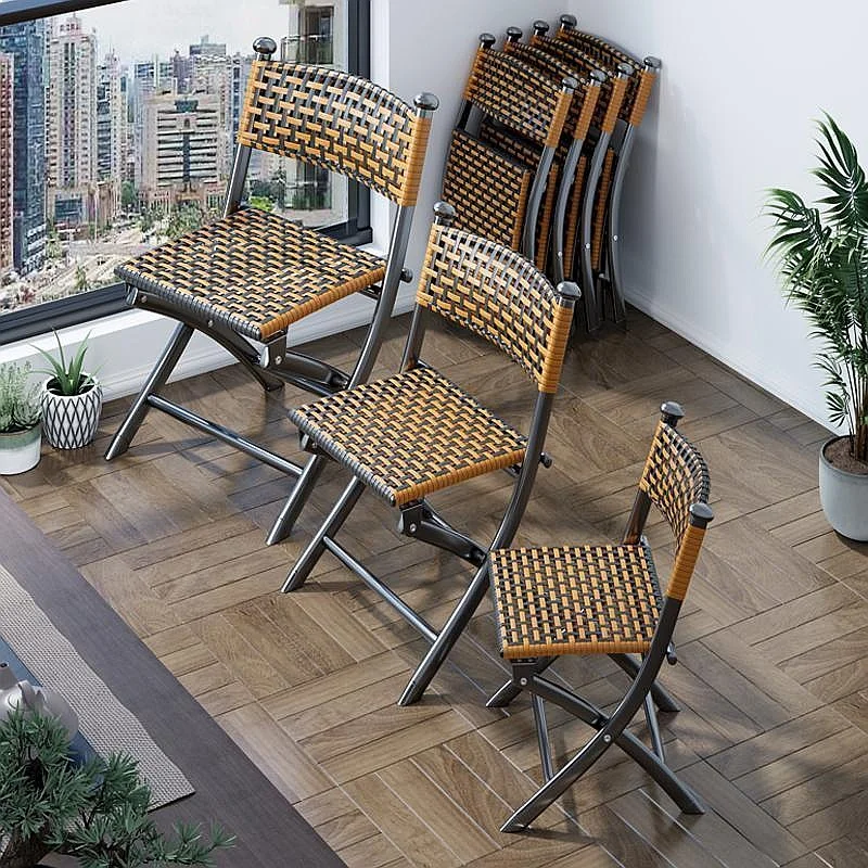 Japanese Foldable Rattan Patio Armchair Portable Camping Stool with Back Support