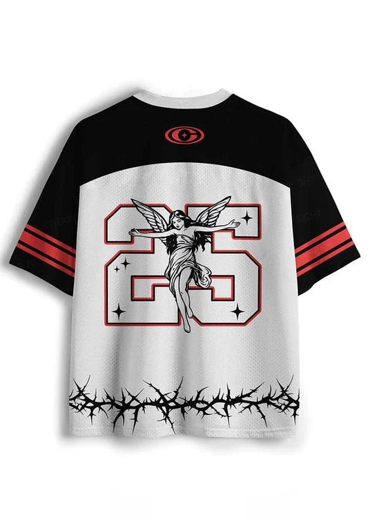 Gothic Angel Graphic Football Jersey, V Neck Short Sleeve Y2K Streetwear Top, Thorn Heart Print Halloween Party Outfit
