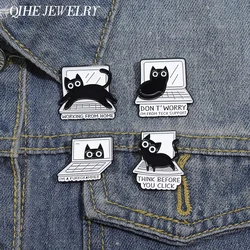 Cartoon Black Cat Brooch Enamel Pins Creative THINK BEFORE YOU CLICK Lapel Badges WORKING FROM HOME Jewelry Ornaments Wholesale