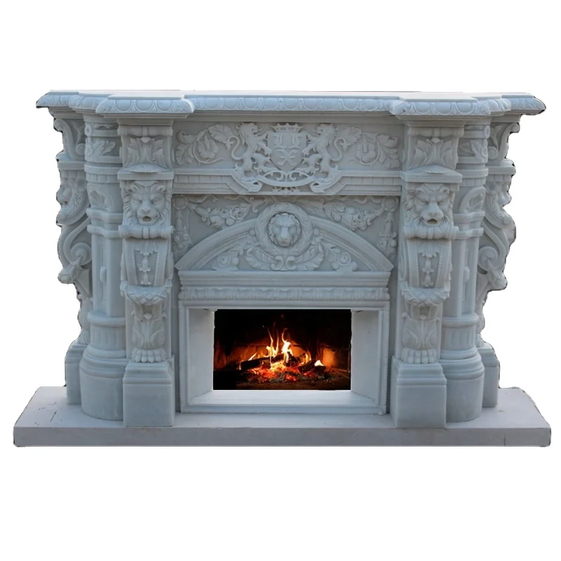 

Royal Large Stone Hand Carved Fireplace With Lions Head