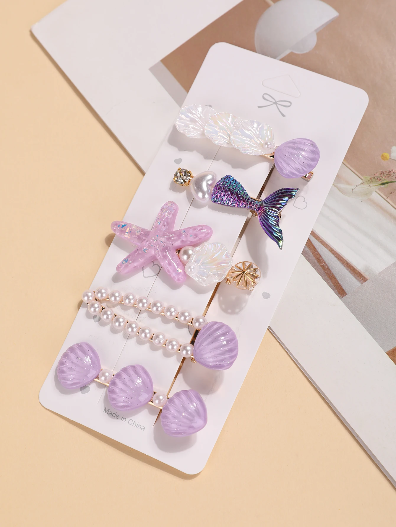 5-teiliges Set Blaue Haaraccessoires im Ozean-Stil - Meerjungfrauenschwanz, Muschel, Seestern und Perlen-Haarspangen - Niedliche Teenager-Seitenknoten-Accessoires – Detail 12