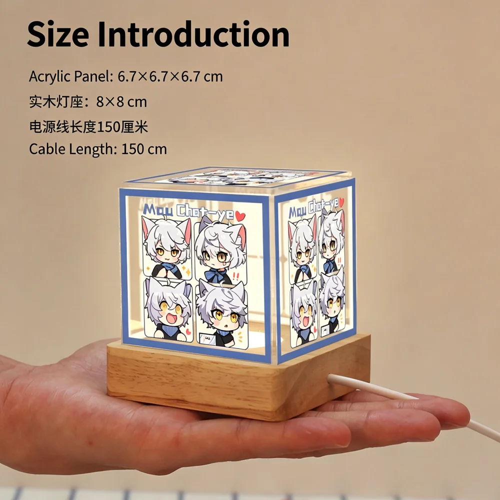 Lámpara LED de Cubo Acrílico Mou Chat-ye con Base de Madera, Luz Nocturna Única, Decoración de Ambiente Anime para Escritorio, Lámpara de Mesa para Colección de Fans