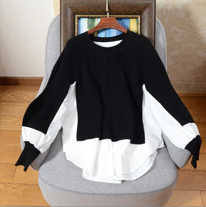 Nomikuma 2023 Autumn Winter Knitted Women Pullover Sweater Causal Patchwork Long Sleeve O-neck Pull Femme Korean Jumpers 6B728