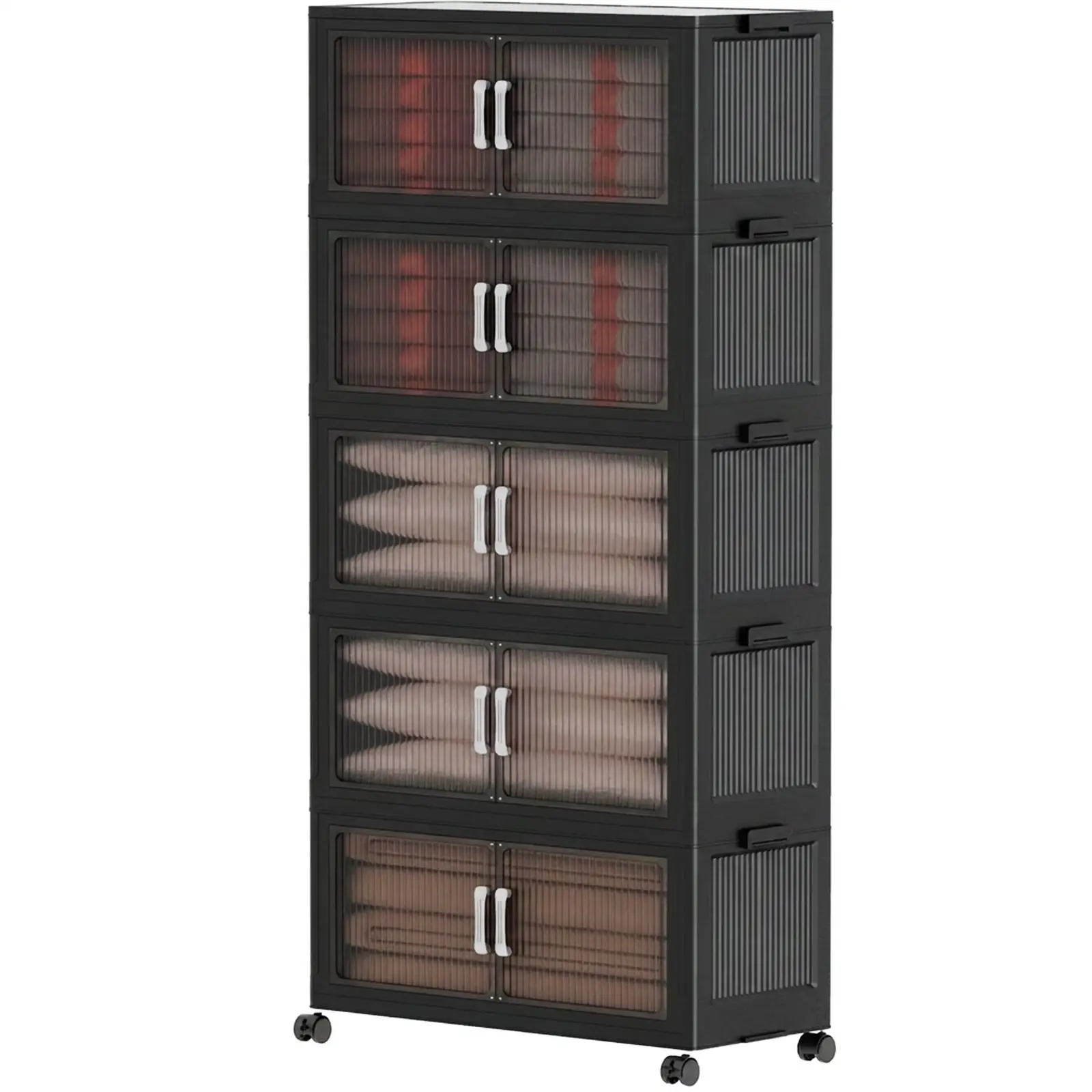 5-Tier Clear Stackable Storage Organizer Cabinet No Assembly Mobile Cart with Rolling Wheels Multifunctional Home Storage Box for Clothes Toys Books Snacks Space Saving College Dorm Essentials