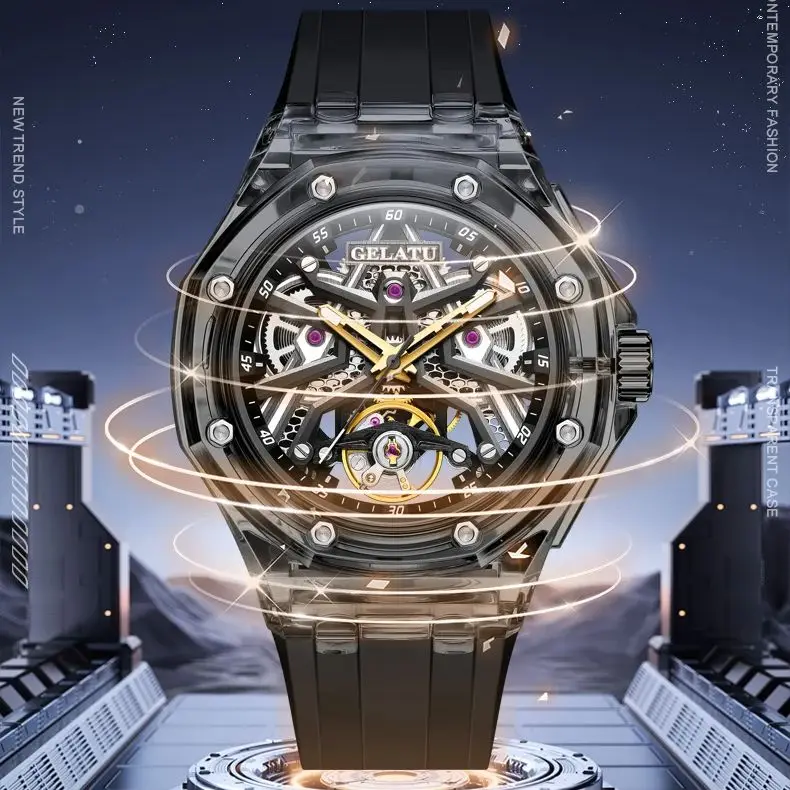 

GELATU 8002 Skeleton Hollow Watch Men Sapphire Mirror Automatic Watches Fashion Mechanical Man Hand Clock