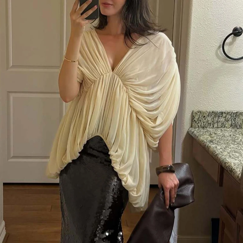 Loose Ruffle Hem Party Clubwear Casual Shirt Women Solid Chiffon Crop Top New Deep V‑Neck Batwing Sleeve Gathered Pleated Blouse