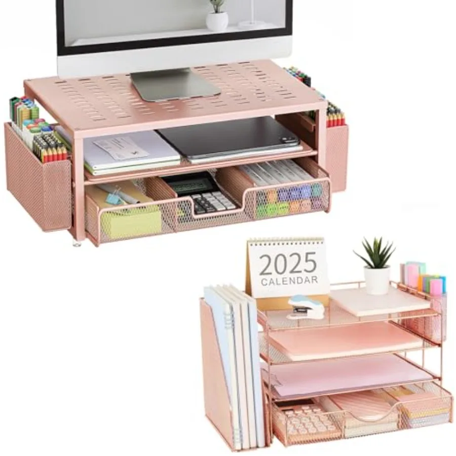 4-Tier Paper Letter Tray with Monitor Stand and Storage in Rose Gold for Desk Organization and Cable Management