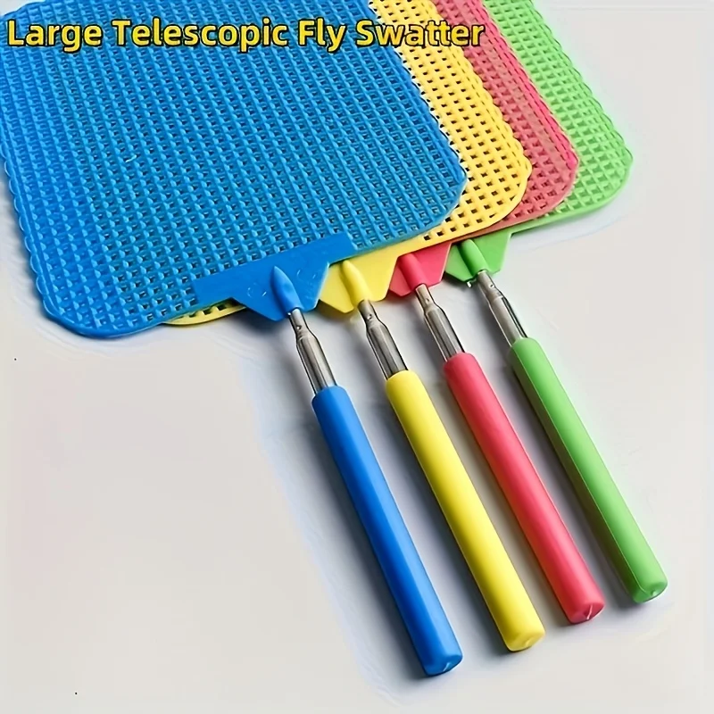2 Extra-Large Extendable Fly Swatters in Random Colors with Extended Handles - Durable Plastic Material