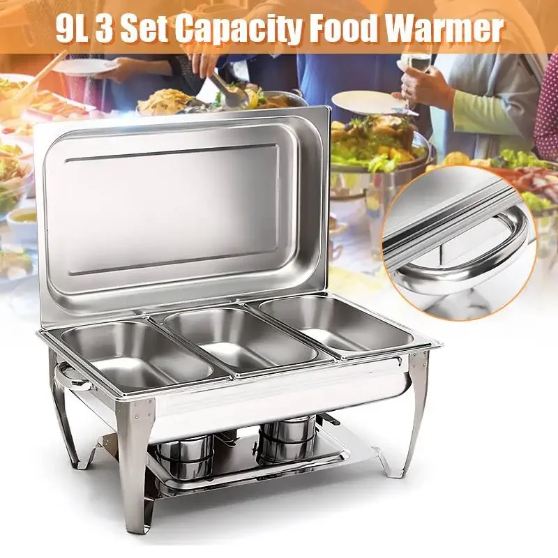9L Stainless Steel Foldable Square Buffet Stove Dish Set Container Food Warmer Rectangular Chafing Dish Full Buffet Catering