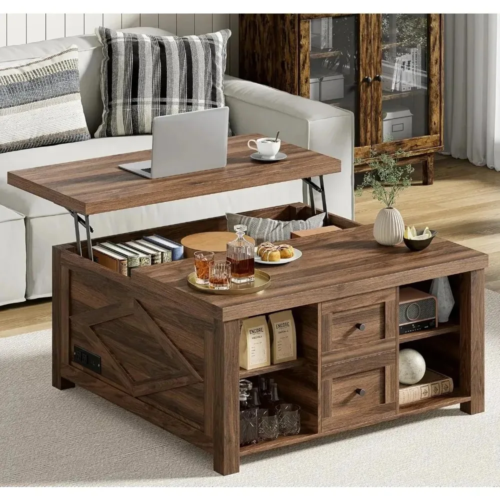 

Lift Top Coffee Table with Storage, Square Coffee Tables for Living Room with Charging Station and Drawers, Farmhouse Coffee Ta