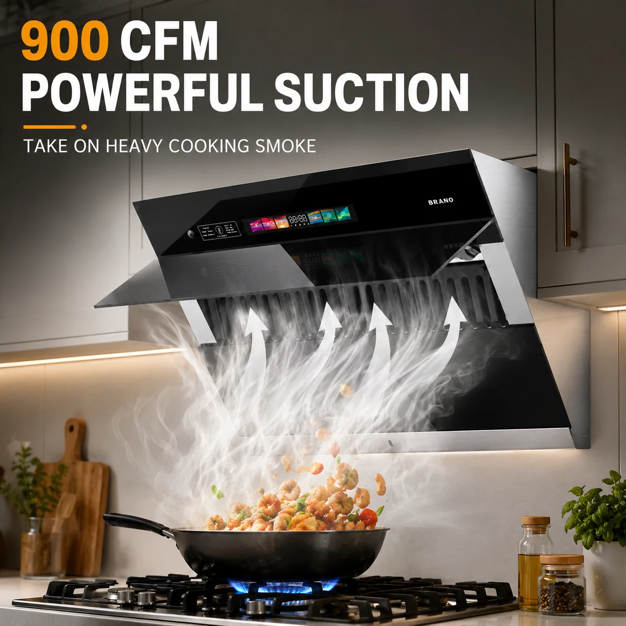 BRANO 30-inch Under Cabinet Range Hood 900CFM Ventilation with Voice/Gesture/Touch Control for Modern Kitchen Ducted/Ductless Co