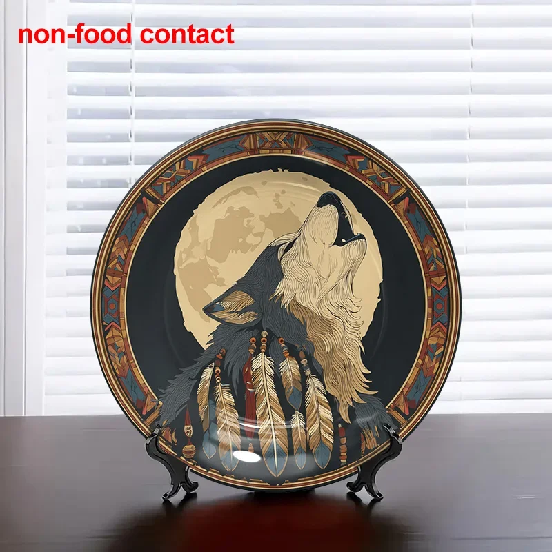 1pc Vintage Native American Howling Wolf Wall Decor - Ceramic Hanging Plate with Feather Design, Black & Golden Tribal Art for