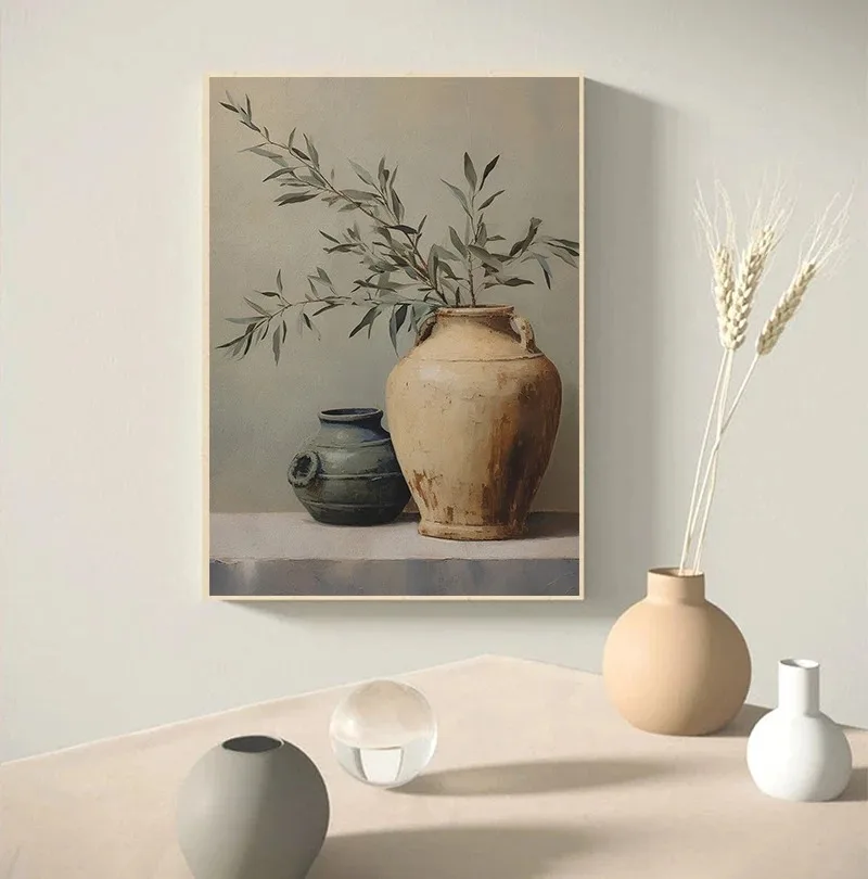 Vintage Minimalist Wall Art Italy Olive Tree in Vase Canvas Painting Poster Prints Still Life Botanical Antique Home Room Decor