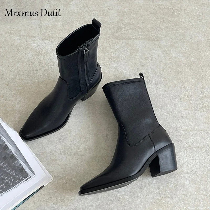 Mrxmus Dutit 2024 Women New Autumn Winter Genuine Leather Rough Heel Pointed Head Boots Shoes Simple Fashion Shoes Female Chic