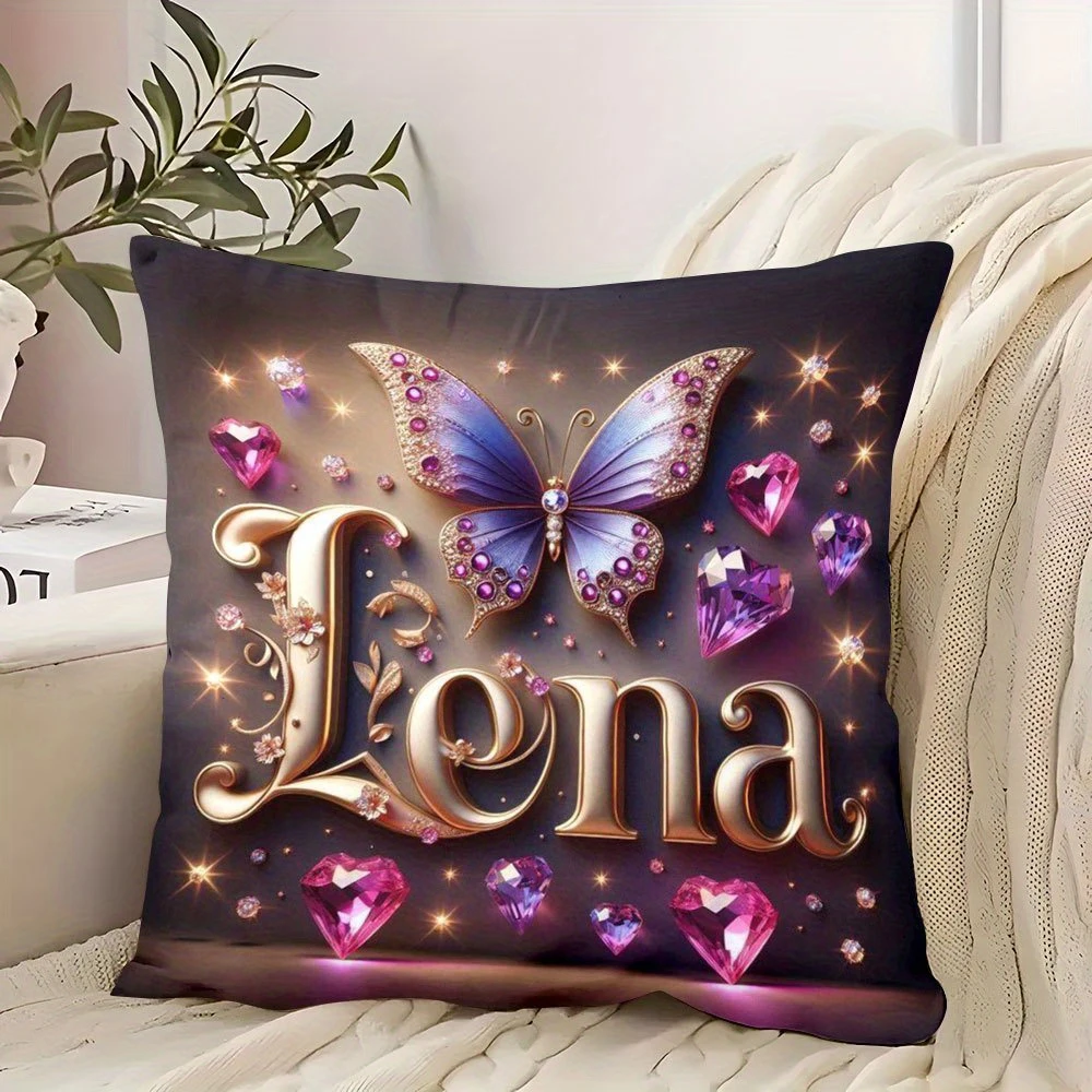 2D-Flat Personalized Luxe Lena Name Butterfly Diamond Throw Pillow Cover Sofa chair cushion cover2D-Flat