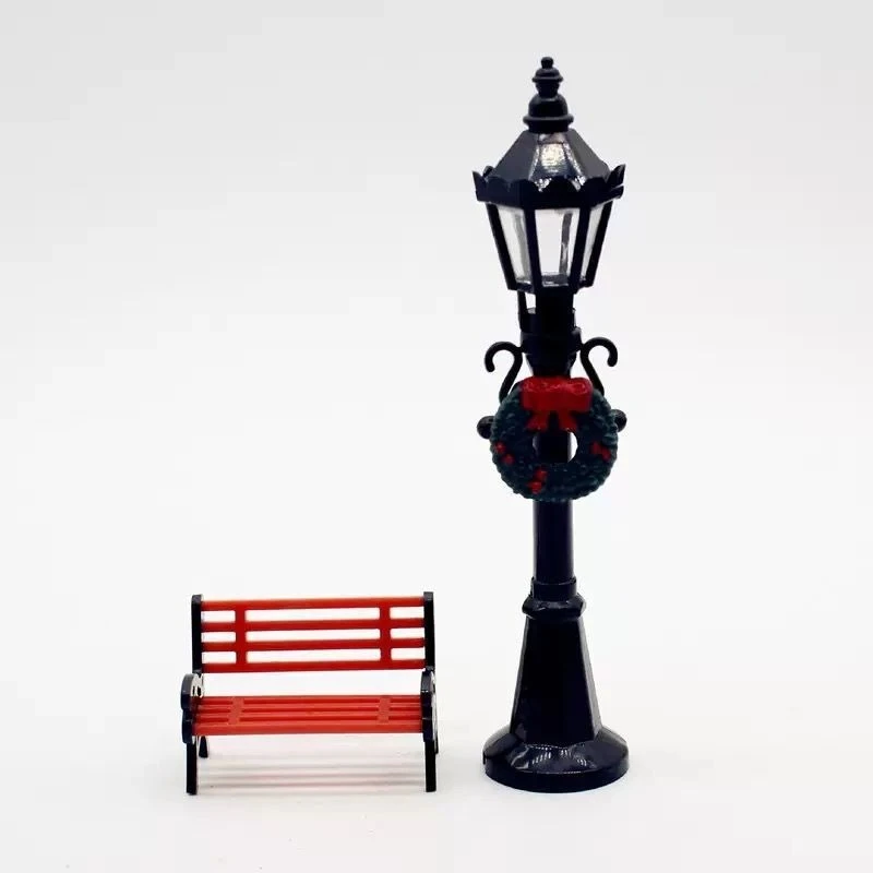 Miniature Park Bench & Street Lamp – Realistic Christmas Village Scene Prop, Micro Decor for Holiday Display Setup