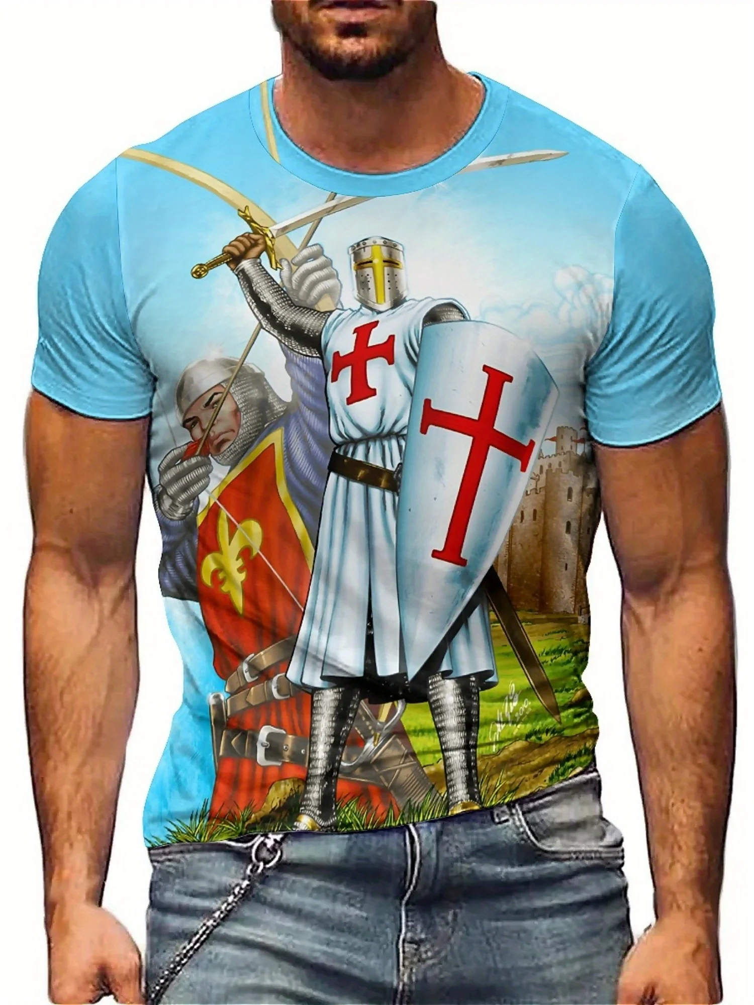 

Men's 3D Full-Body Printed Couple Knight Design T-Shirt - Lightweight Breathable Fabric for Gym, Running