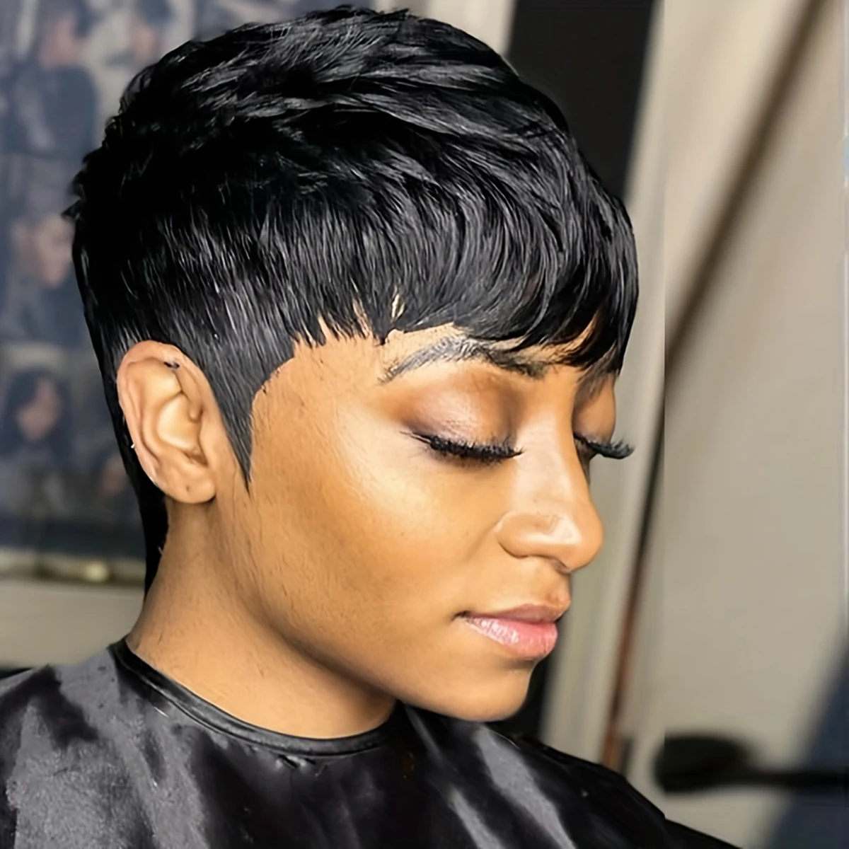 Pixie Cut Human Hair Wig for Women,  Full Machine Made Remy Hair Natural Black Wig  for Women