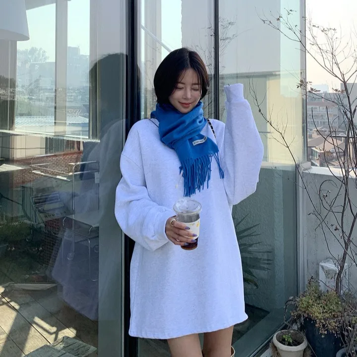 Women's round Neck Fleece Lined Loose Thickened Warm Dopamine Hoodie Dress Casual Style Universal Fit Polyester Long Sleeve