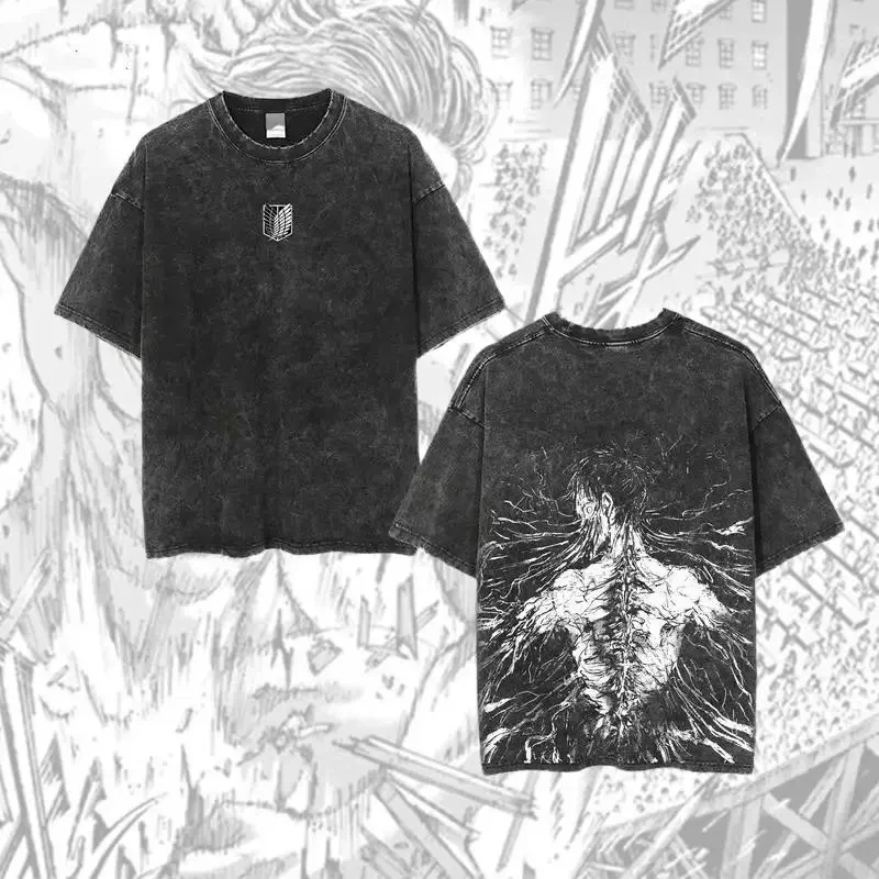 Anime Attack on Titan Vintage Washed Graphic Print T-shirt Men Women Casual Oversized Streetwear Hip Hop Fashion Summer New Tee