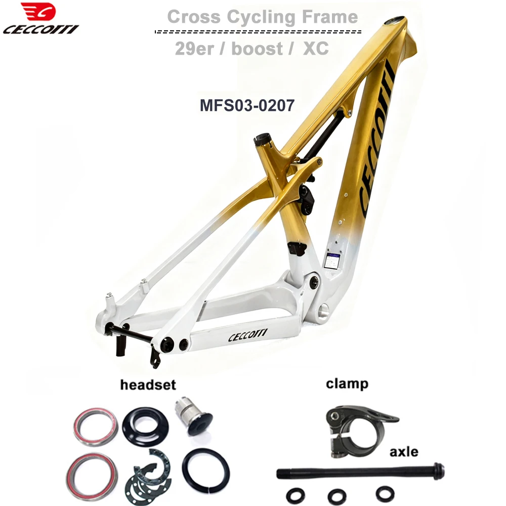Quadro de bicicleta de montanha com suspensão 29er da CECCOTTI Factory, quadro de bicicleta 29er Boost MTB com cabeamento totalmente oculto, guidão.