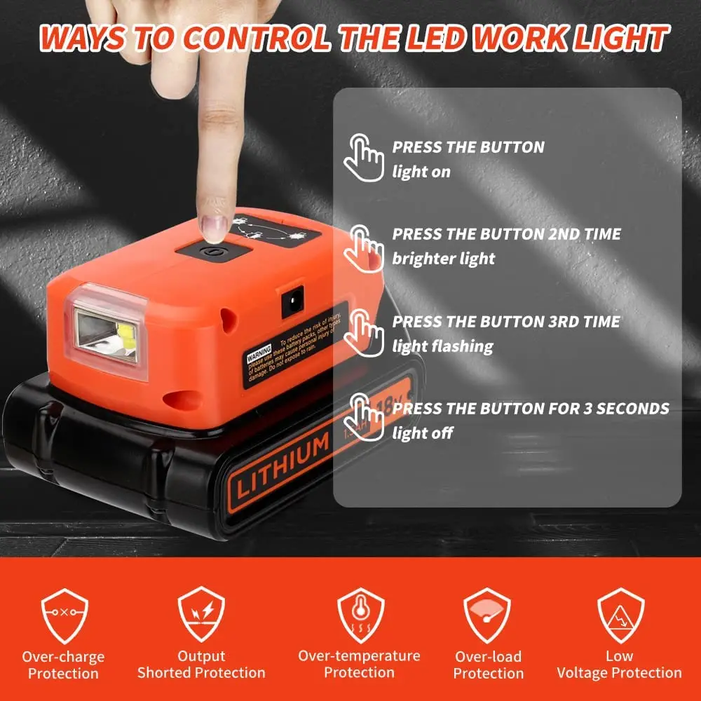 Imagem -05 - Luz de Trabalho Conduzida Adaptador de Bateria do Porto de Usb 12v dc para Preto & Decker 14.420v Li-ion Bateria Lanterna Iluminação de Emergência Lcs120