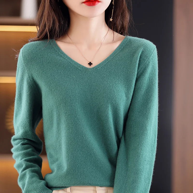 

Spring and Autumn New Ladies Sweater Slim Slim Fashion Knitted V-Neck Pullover Thin Solid Color Long Sleeve Women's Top