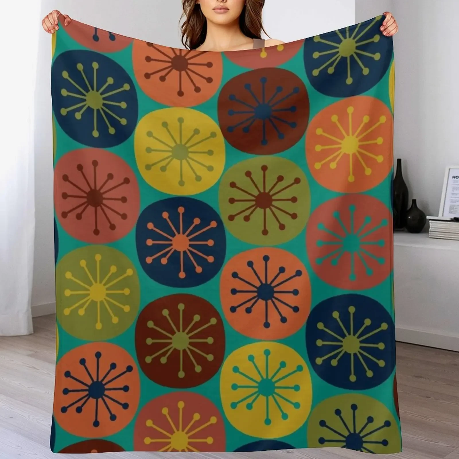 

Atomic Retro Dots - Midcentury Modern Pattern in Mid Mod Teal, Olive Green, Mustard, Orange, Blue, and Turquoise Throw Blanket