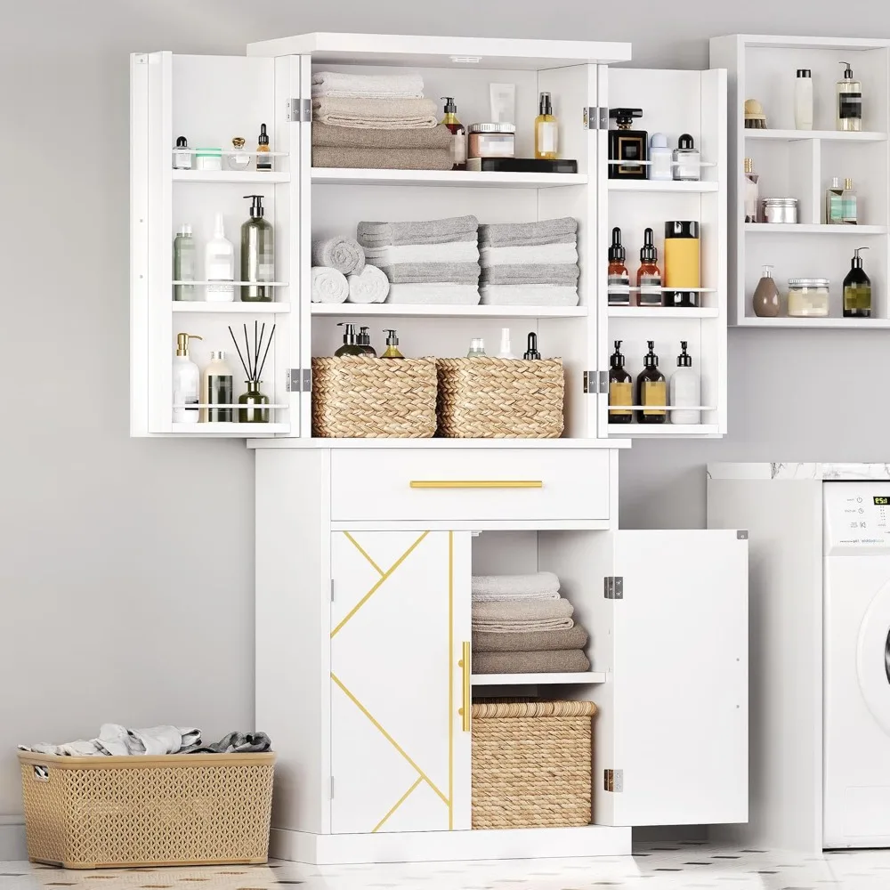 

72'' tall bathroom cabinet, freestanding bathroom storage cabinets with 4 doors and adjustable shelves and drawer and 6 side sh