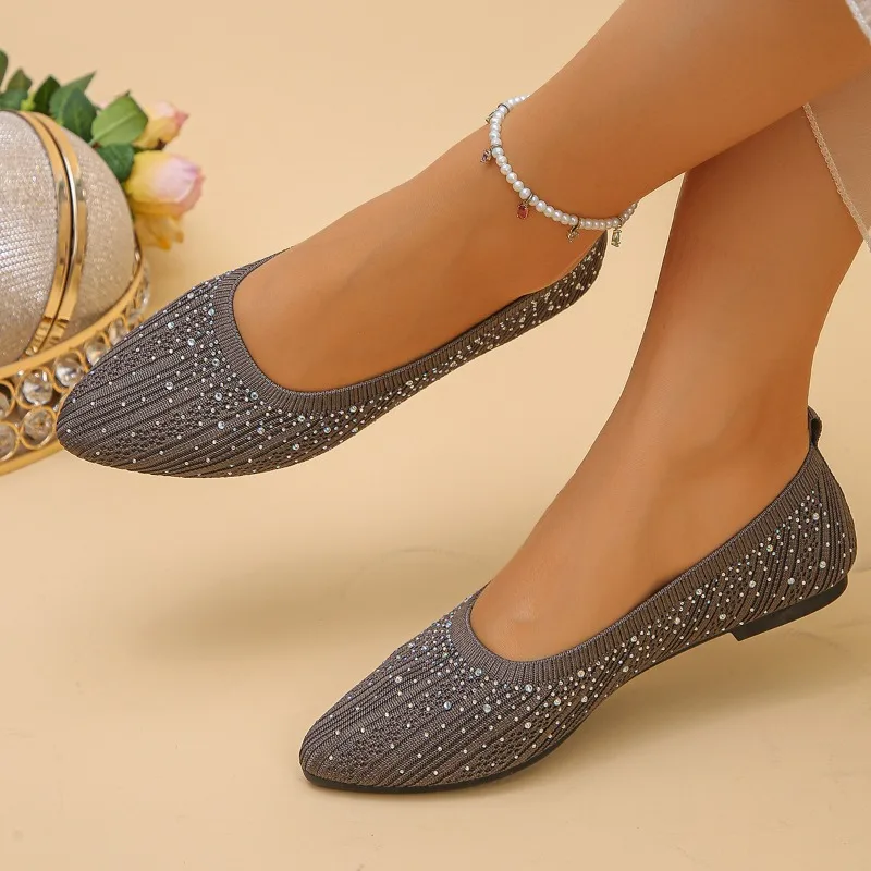 Women Rhinestone Knit Ballet Flats Pointed Toe Slip On Breathable Soft Flat Shoes