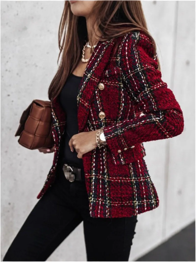 Women's Plaid Tweed Blazer Jacket, Double Breasted Long Sleeve Elegant Tweed Coat Classic Lady Outerwear