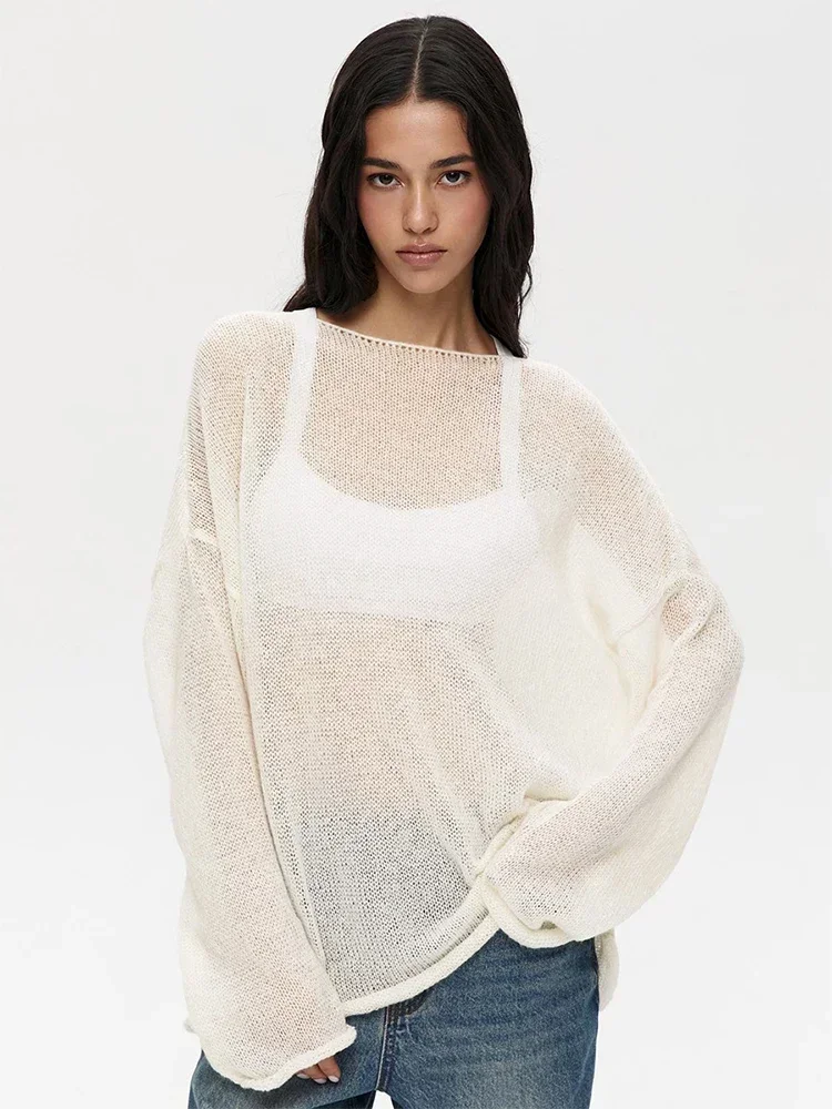 Camiseta de punto de manga acampanada con cuello redondo para mujer, prenda de vestir Sexy, transparente, para la playa, A2881, primavera y otoño, novedad de 2024