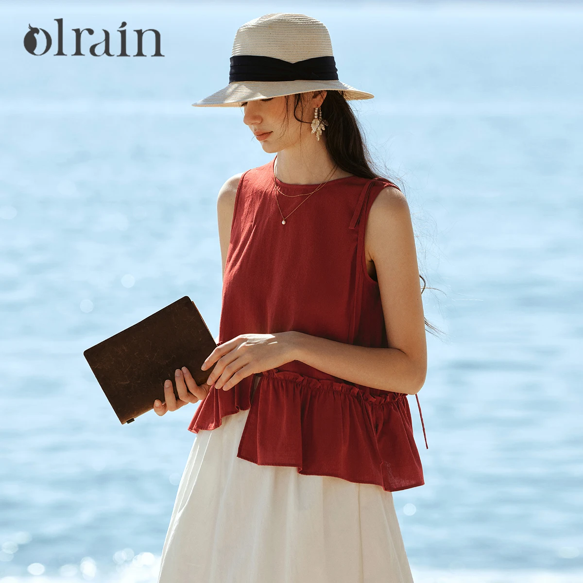 

OLrain Women French Retro Red Sleeveless Top Summer 2026 New Asymmetric Ruffle Hem Lace-up Loose Casual Peplum Tank' O58XC005118