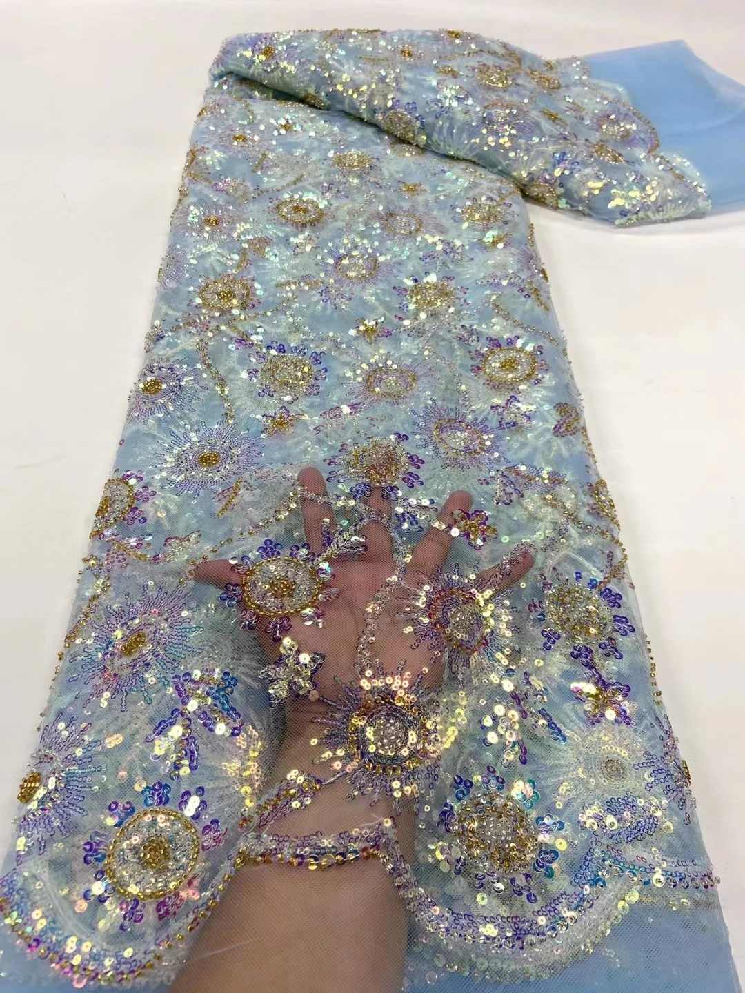 

High-End Handmade Beaded Lace Fabric Embroidery Beads Nigerian 3D Embroidery Mesh Lace Fabric For Wedding Dresses JY