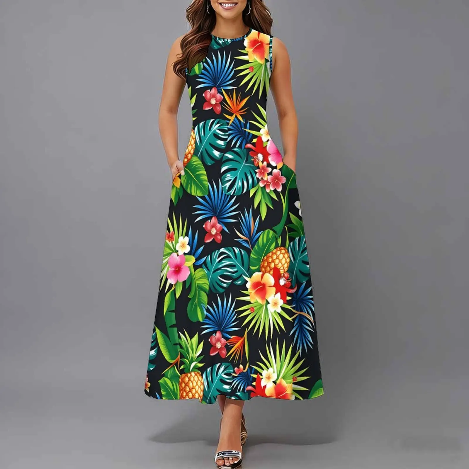 Women Sleeveless Long Maxi Dress With Pockets 3D Oil Painting Print Casual Loose Summer Vacation Party Sundress