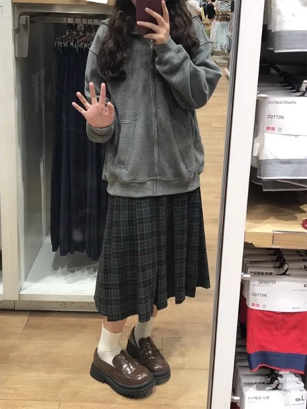 

Юбка миди с высокой талией А-силуэта в клетку, скрывающая живот, больших размеров, осенне-зимняя, теплая, женская, в корейском стиле, для повседневной носки, для офиса