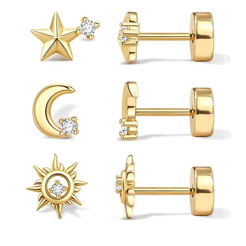3pcs Flat Back Stud Earrings for Women and Men Hypoallergenic 14k Gold Plated Post Stud Cartilage Earrings Set screw back moon