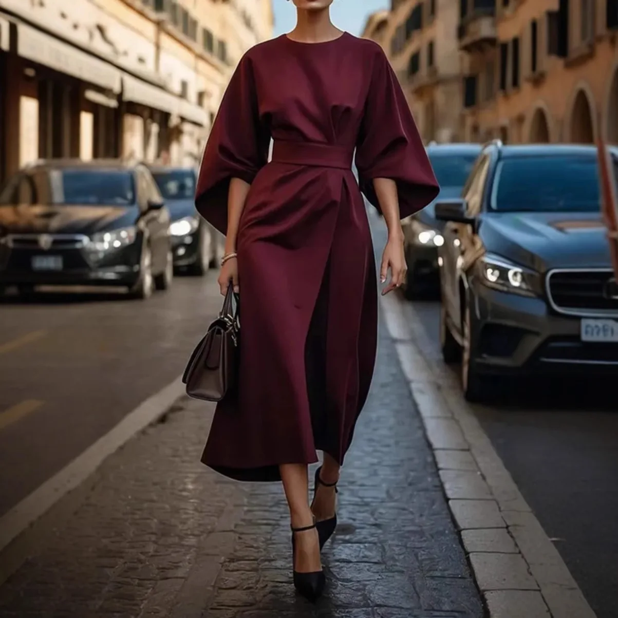 

Elegant Solid Dress 2025 New Spring Summer Women's Fashion Style Round Neck Color Waist Casual Bat Sleeve Long Dress Clothing