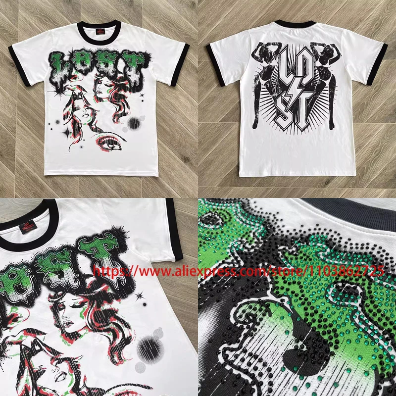 

Real Photo Lost Intricacy T-shirt Summer Colored Hot Diamond High Quality Lost Intricacy Tee Color Contrast Round Collar Tops