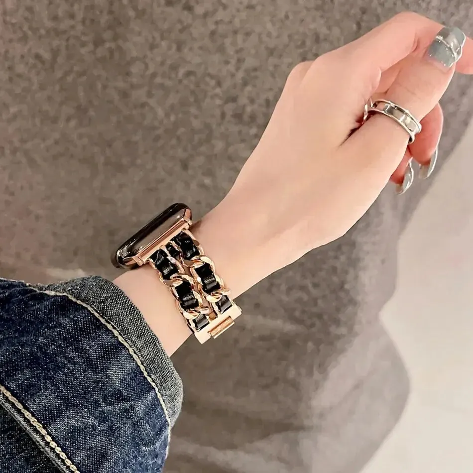 Women Metal Leather Wristband For Apple Watch Band 8 Ultra 49mm 7 4 6 5 For IWatch 41mm 45mm 38/42mm 44 40mm Strap Lady Bracelet